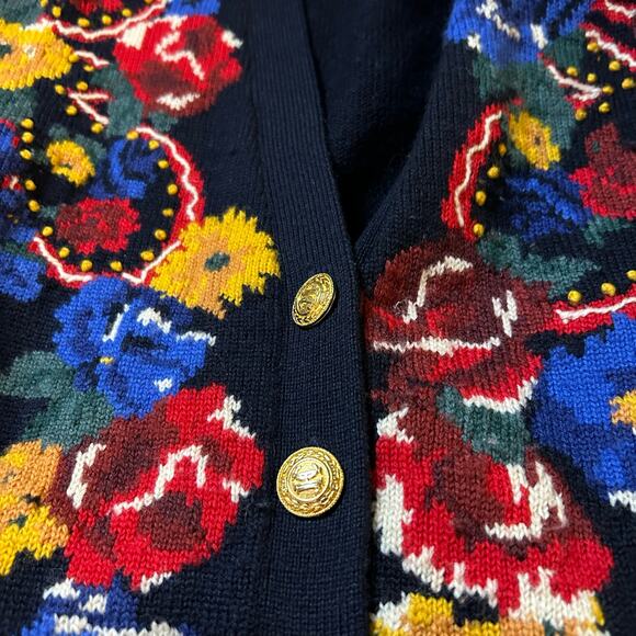 Vtg JH Collectibles Navy Wool Cardigan Sz Large Embroidered Flowers Gold Buttons - Picture 3 of 6